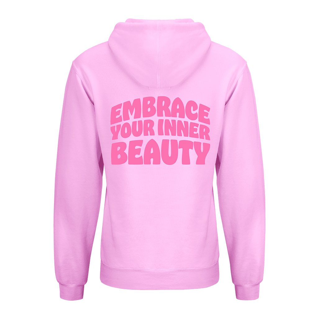 A pink silk-lined hoodie with the text 'EMBRACE YOUR INNER BEAUTY'.