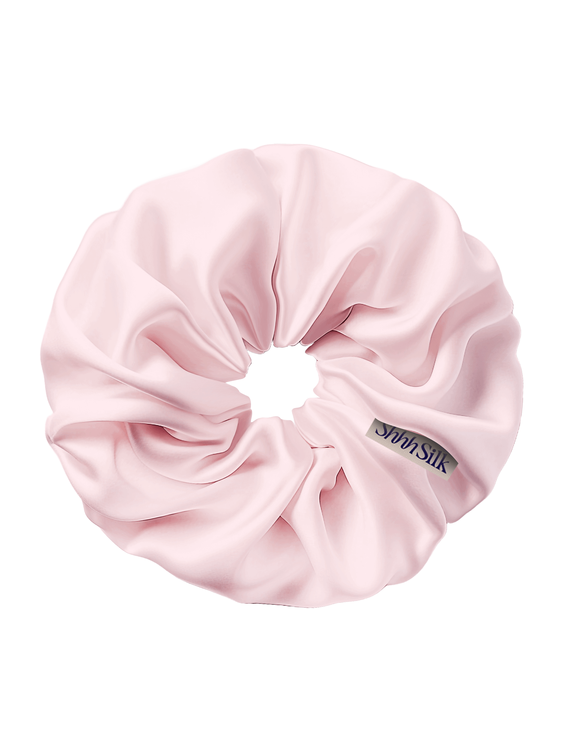 Pink silk scrunchie with brand label