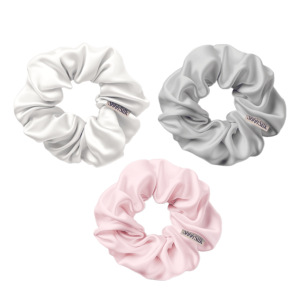 3 Pack Large Silk Scrunchies - Grey, Pink and Off White