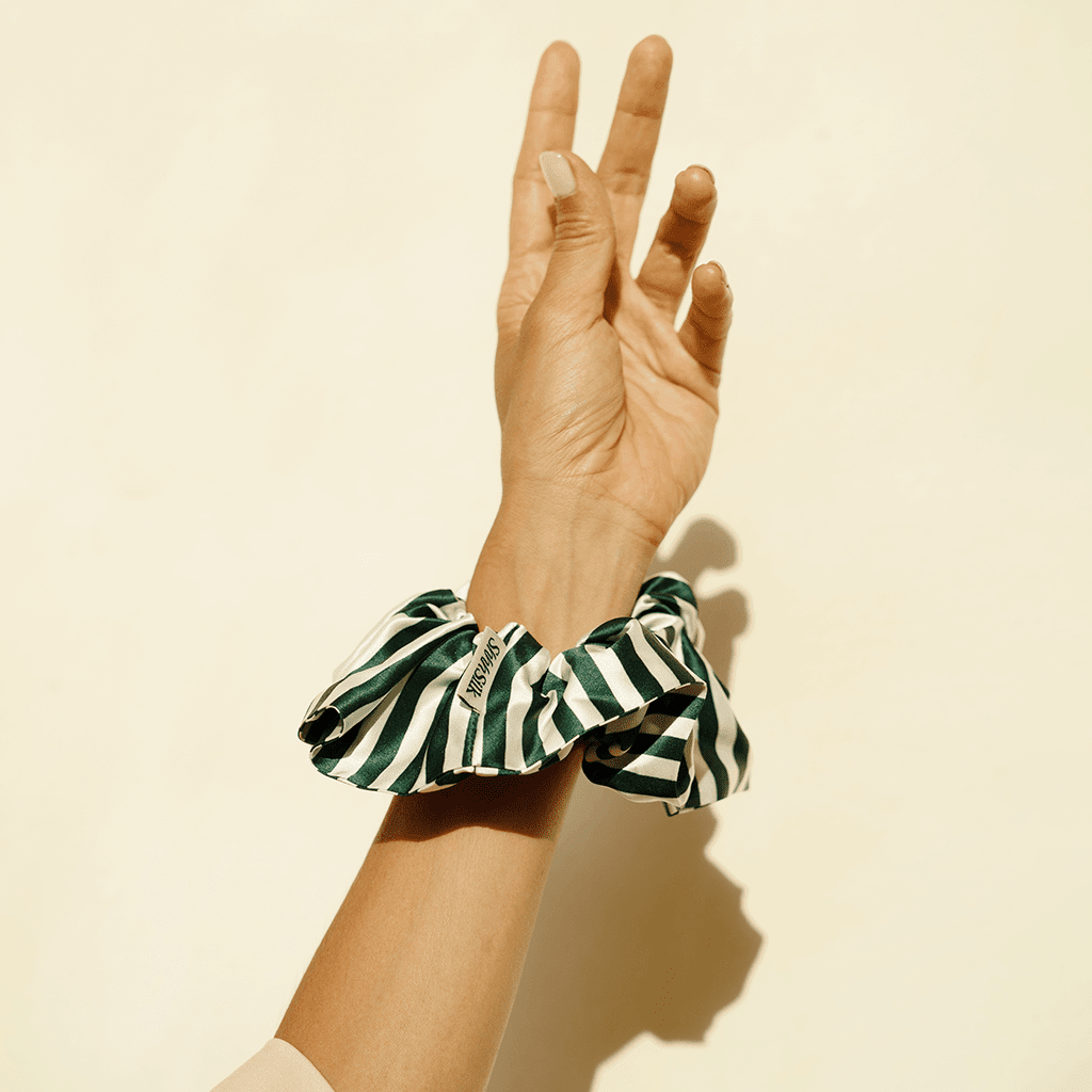 Oversized Green Stripe Silk Scrunchie
