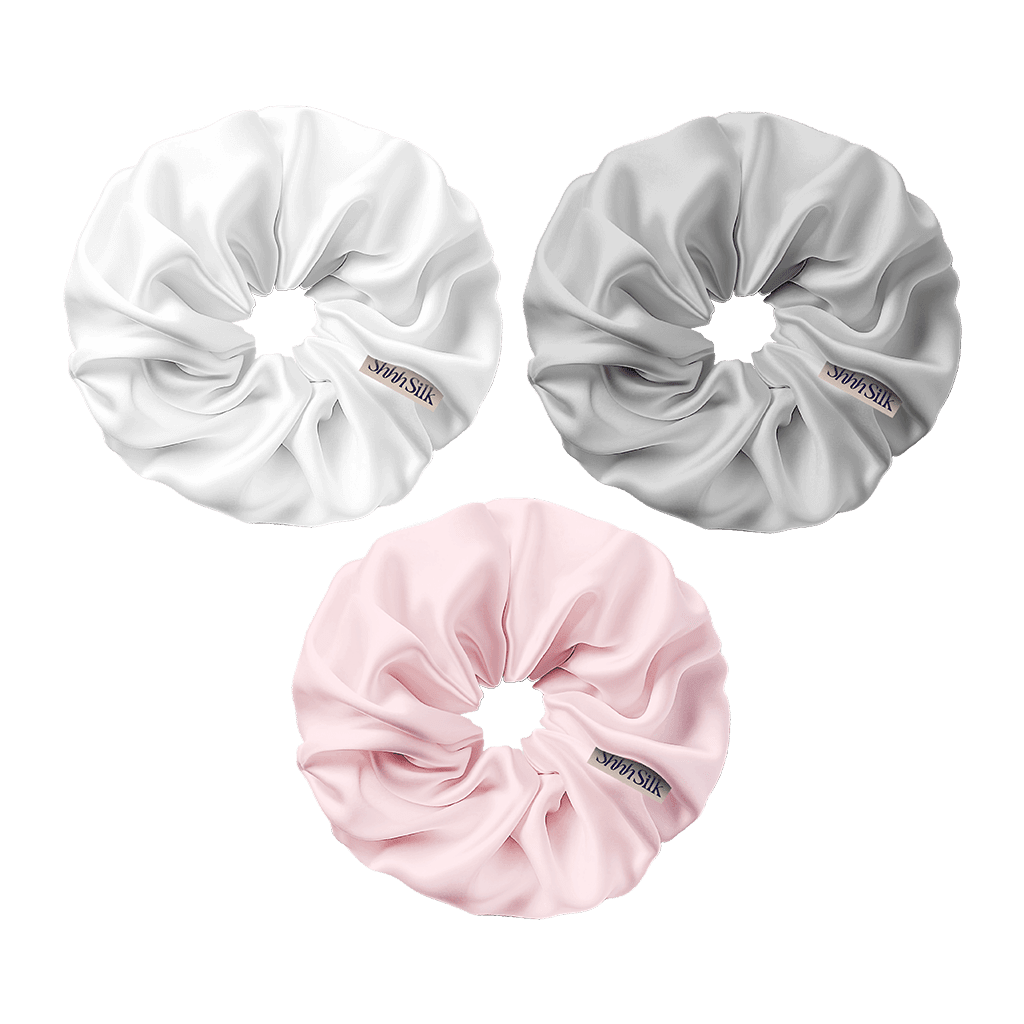 3 Pack Large Silk Scrunchies - Grey, Pink and Off White