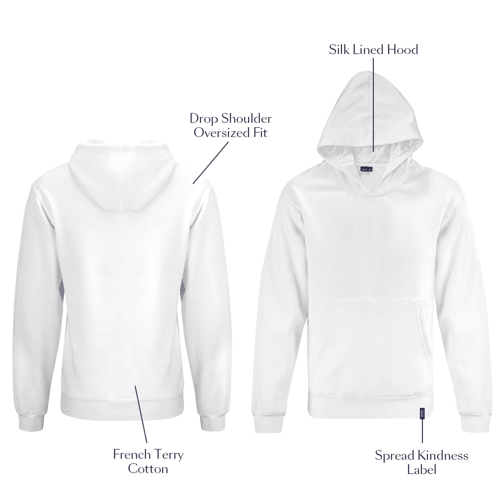 A white silk lined hoodie, displayed front and back view on a plain background.